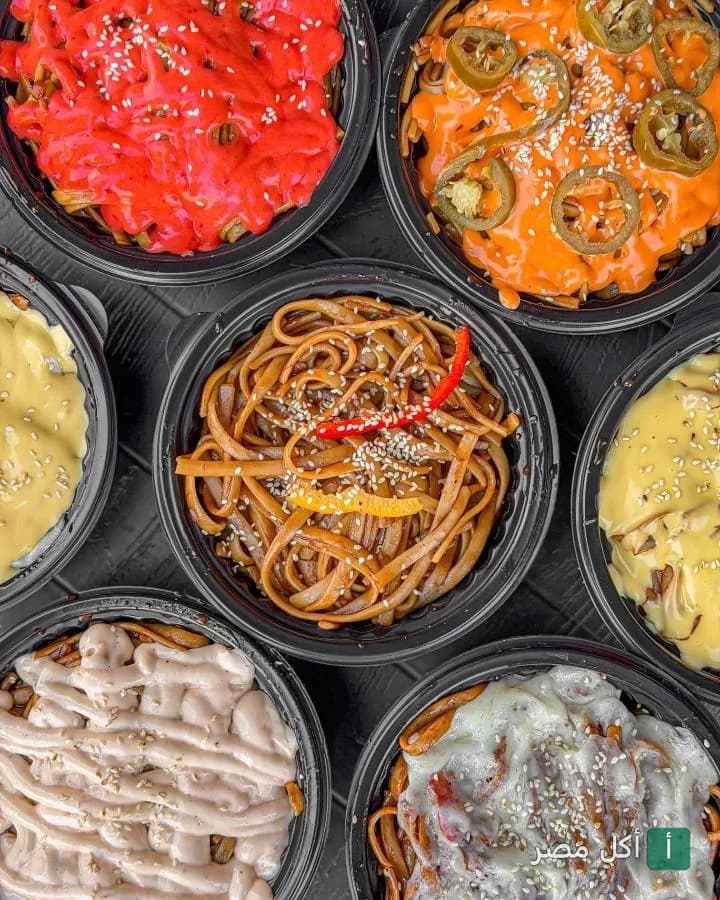 مجموعة أطباق نودلز متنوعة بصلصات مختلفة من مطعم الدوكش في طنطا