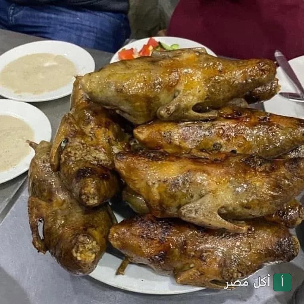 طبق كبير من الحمام المحشي المحمر في مطعم الجمهورية بالقاهرة.