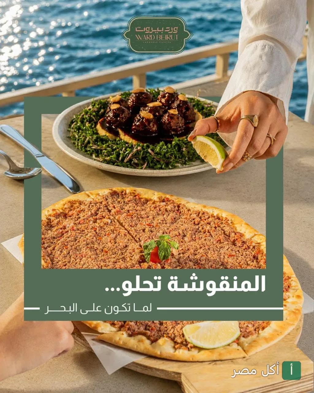 طبق منقوشة لحم وطبق جانبي على طاولة مطلة على البحر في مطعم ورد بيروت بمارينا العلمين.
