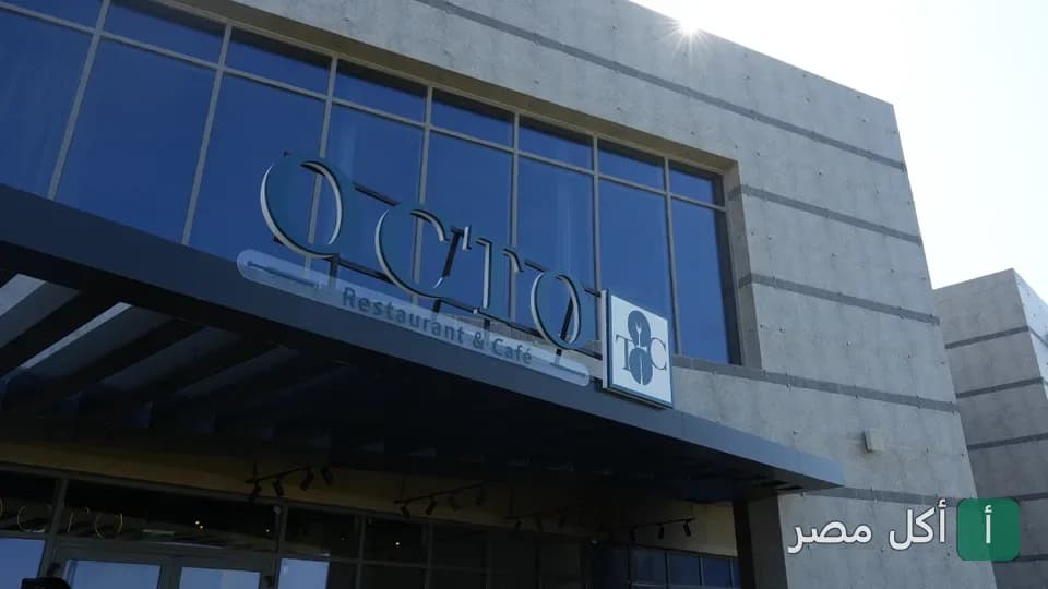 واجهة مطعم أوكتو في مارينا العلمين، تظهر لافتة المطعم الزجاجية الحديثة على مبنى بواجهات زجاجية.