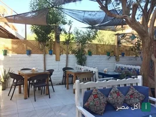 جلسة خارجية هادئة في مطعم أثانور بيتزيريا بدهب مع طاولات خشبية ومقاعد مريحة تحت مظلات قماشية.