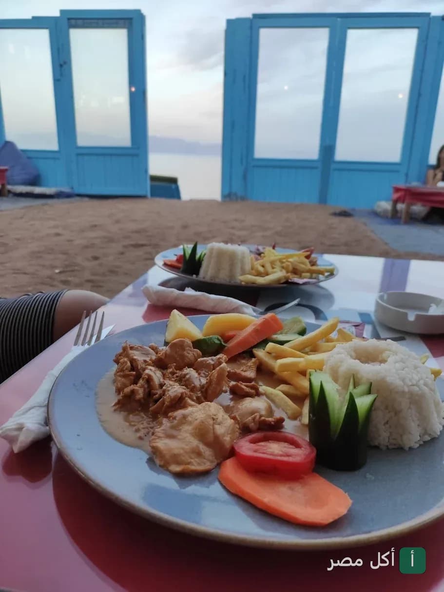 طبق دجاج مع أرز وخضروات في مطعم إيل جاردن فيو على شاطئ دهب.