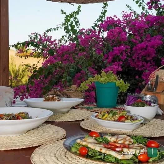 أطباق متنوعة من مطعم سيادكشن دهب وسط أجواء خارجية مزينة بزهور الجهنمية.