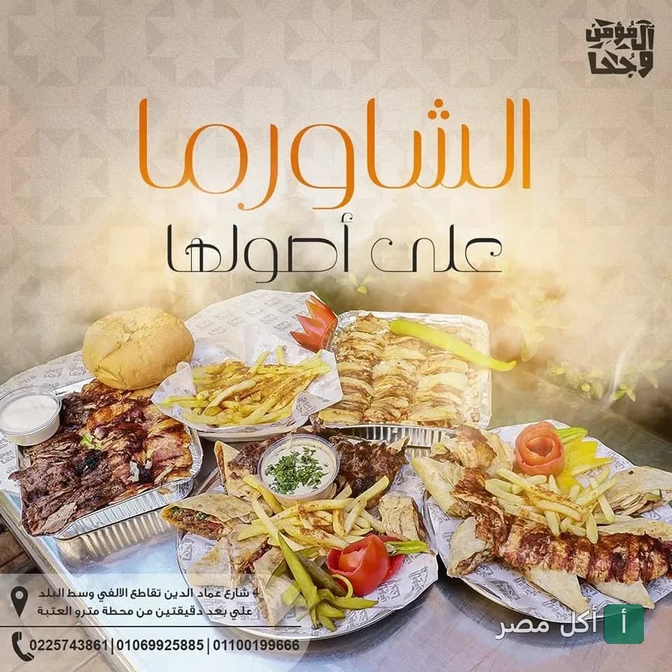 تشكيلة أطباق شاورما مع بطاطس مقلية ومقبلات من مطعم المؤمن وجحا في الأزبكية.