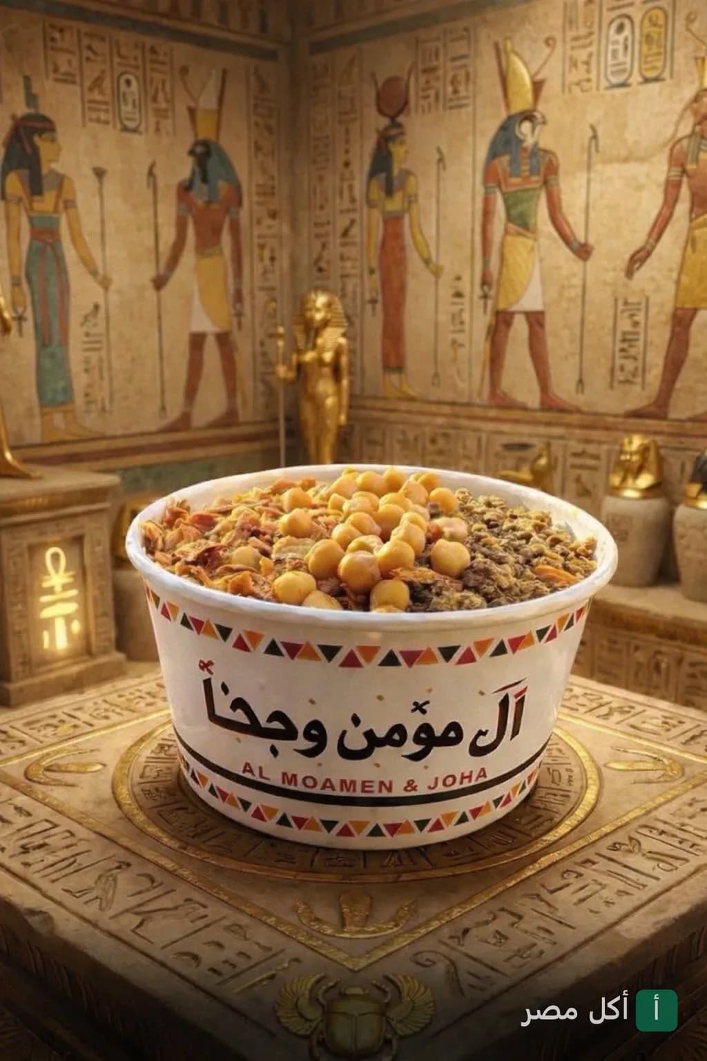 علبة كشري من مطعم المؤمن وجحا في الأزبكية موضوعة على قاعدة فرعونية.