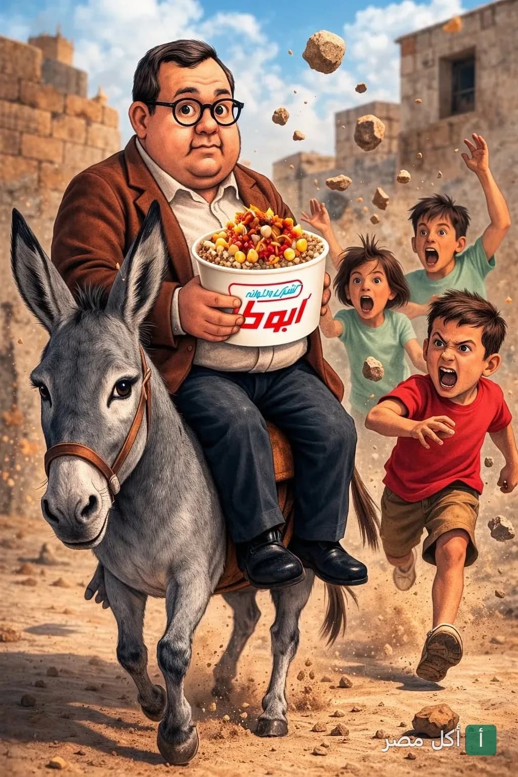 رسم توضيحي لرجل يركب حماراً ويحمل علبة كشري أبو طارق بينما يركض خلفه أطفال في الأزبكية.