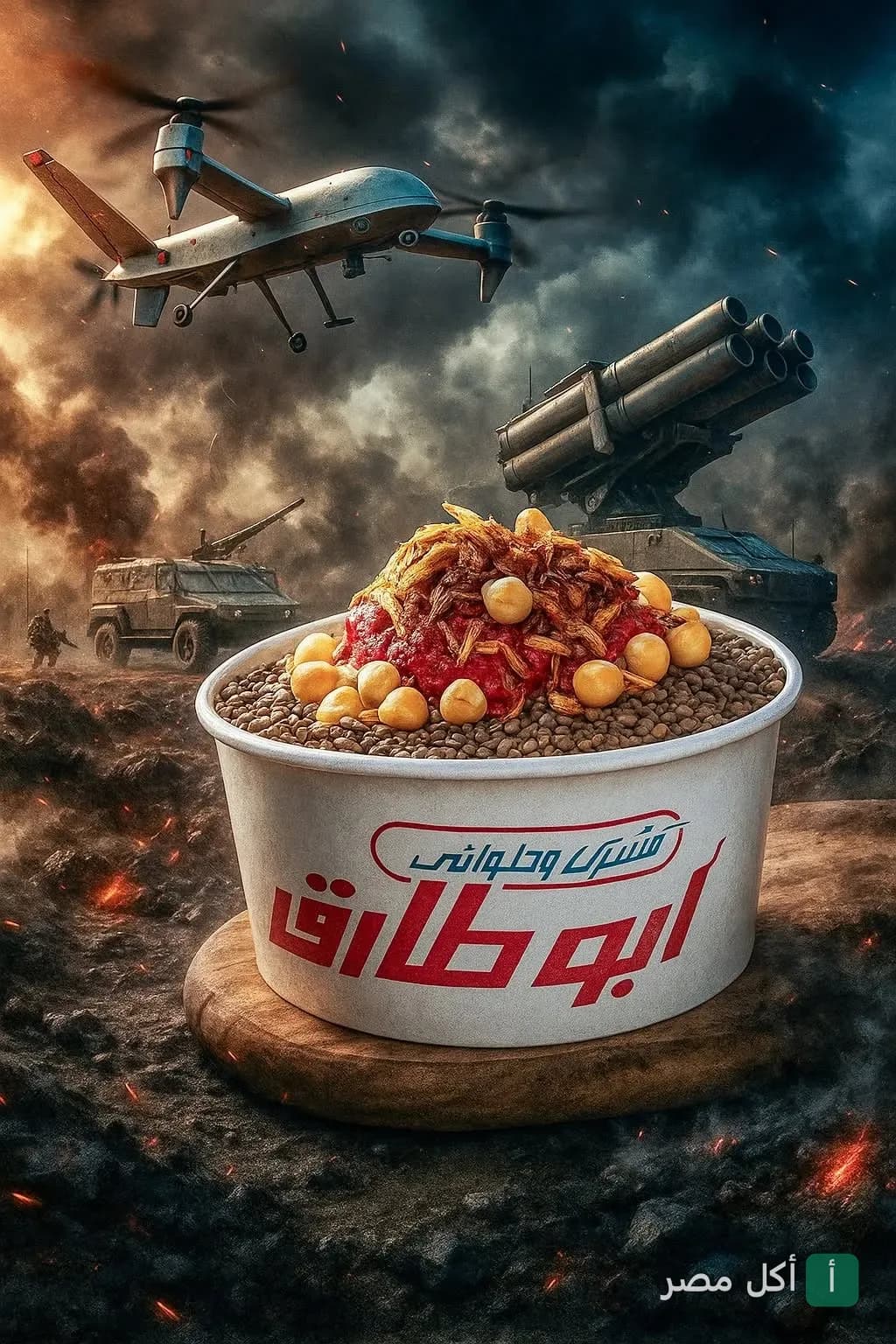 علبة كشري أبو طارق في مشهد خيالي يضم طائرة بدون طيار ومركبات عسكرية في ساحة معركة.