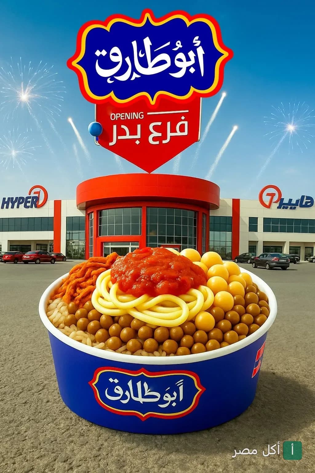 علبة كشري أبو طارق أمام فرع جديد في هايبر وان