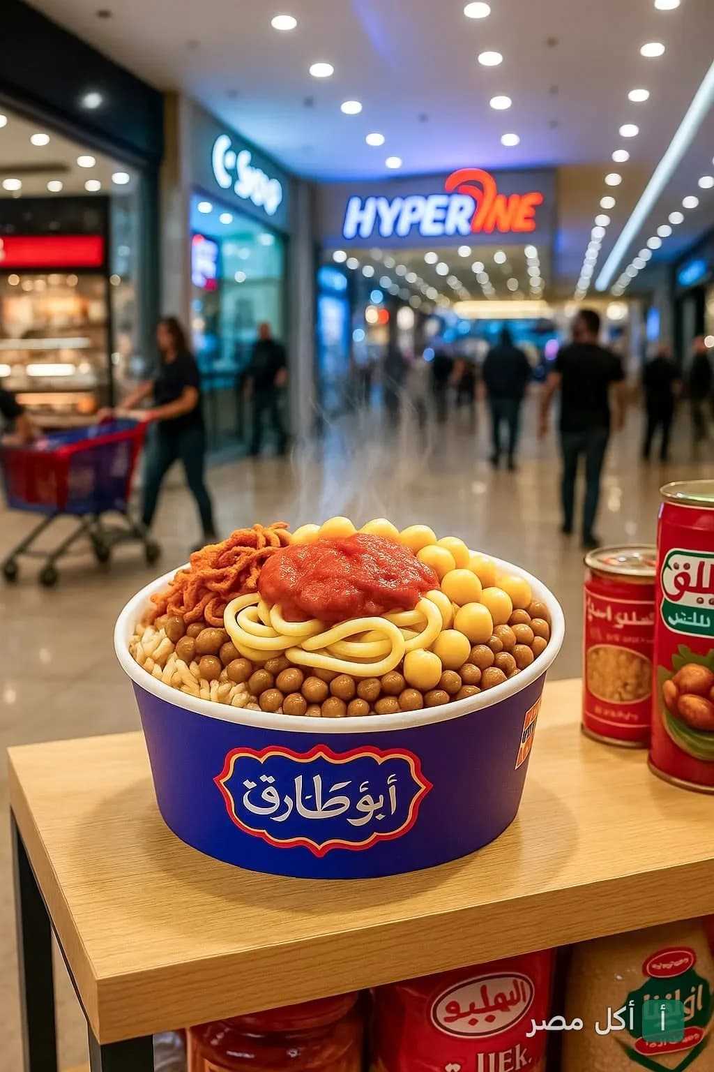طبق كشري ساخن في علبة تحمل شعار كشري أبو طارق داخل هايبر وان