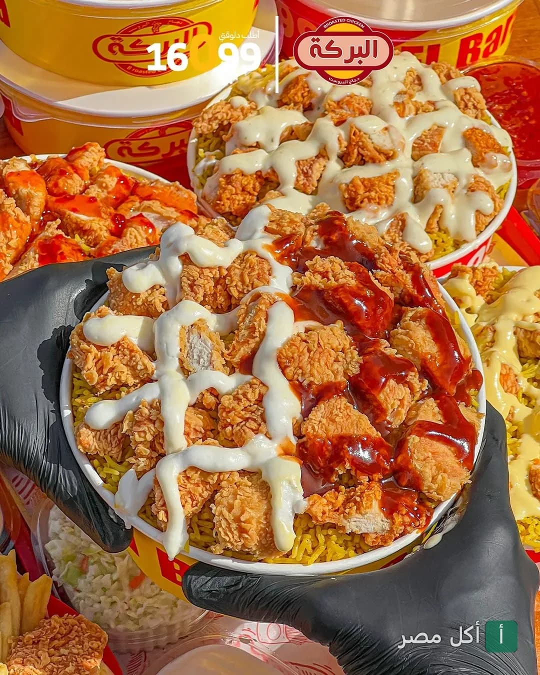 أطباق أرز بالدجاج البروستد مع صوصات متنوعة من مطعم البركة سموحة بالإسكندرية.