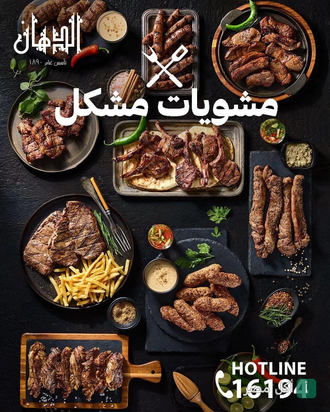 تشكيلة متنوعة من المشويات المصرية في مطعم الدهان فرع المعادي، تشمل الكباب والكفتة والريش مع المقبلات.