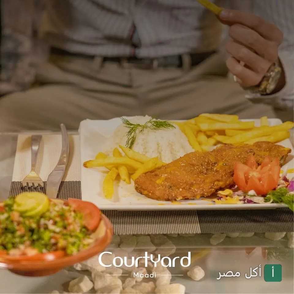 طبق رئيسي يحتوي على بانيه مع أرز وبطاطس محمرة وسلطة في مطعم كورت يارد المعادي