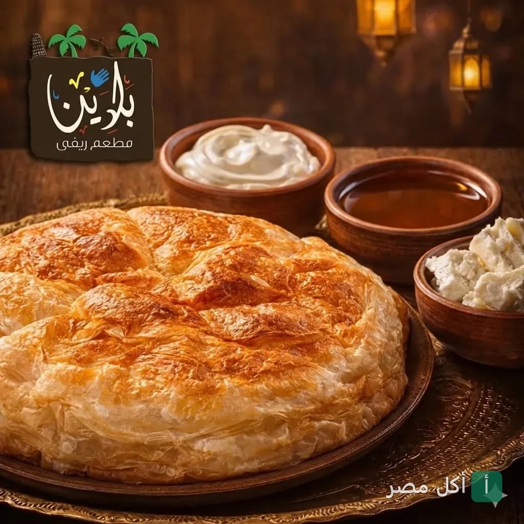 فطير مشلتت مصري طازج مع أطباق جانبية من العسل والقشطة والجبنة في مطعم بلدينا بالبساتين.