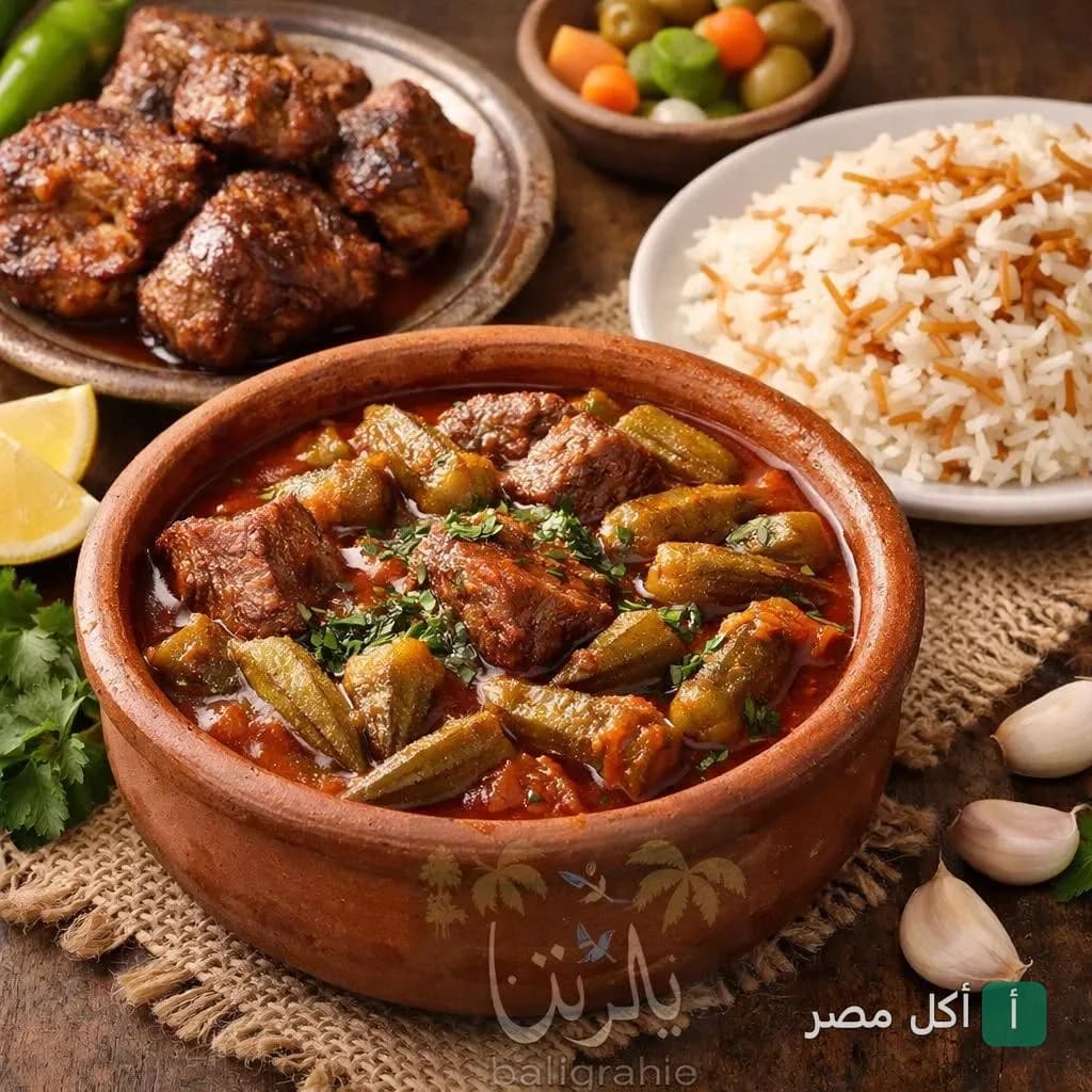 طاجن بامية باللحمة يقدم مع أرز بالشعيرية ومشويات في مطعم بلدينا بالبساتين.