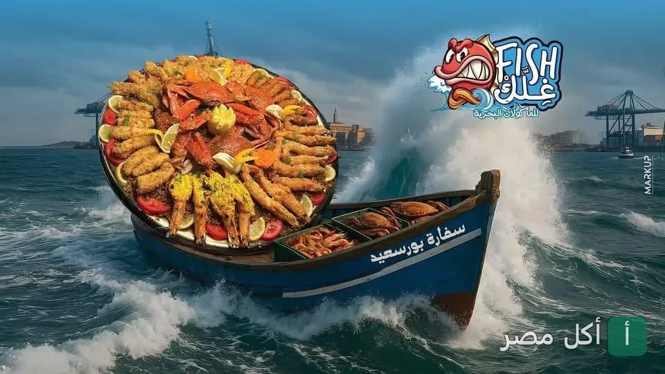 صورة غلاف لمطعم Fish غلك للمأكولات البحرية تظهر طبق سمك وجمبري كبير على قارب في البحر.