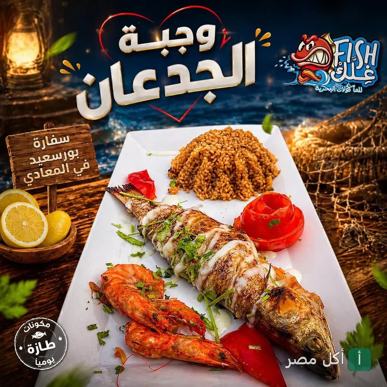طبق وجبة الجدعان من مطعم فيش غلك، يحتوي على سمك مشوي وجمبري وأرز صيادية.
