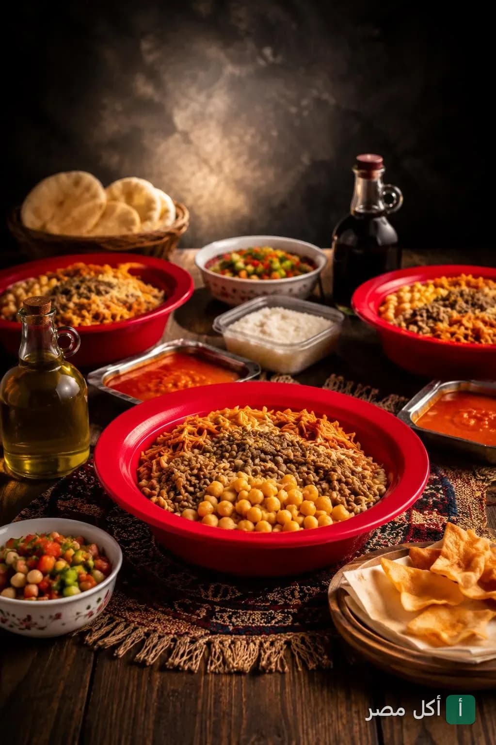 أطباق كشري مصري متنوعة في أطباق حمراء مع صلصة ودقة وخبز في مطعم كشرينا بالبساتين.