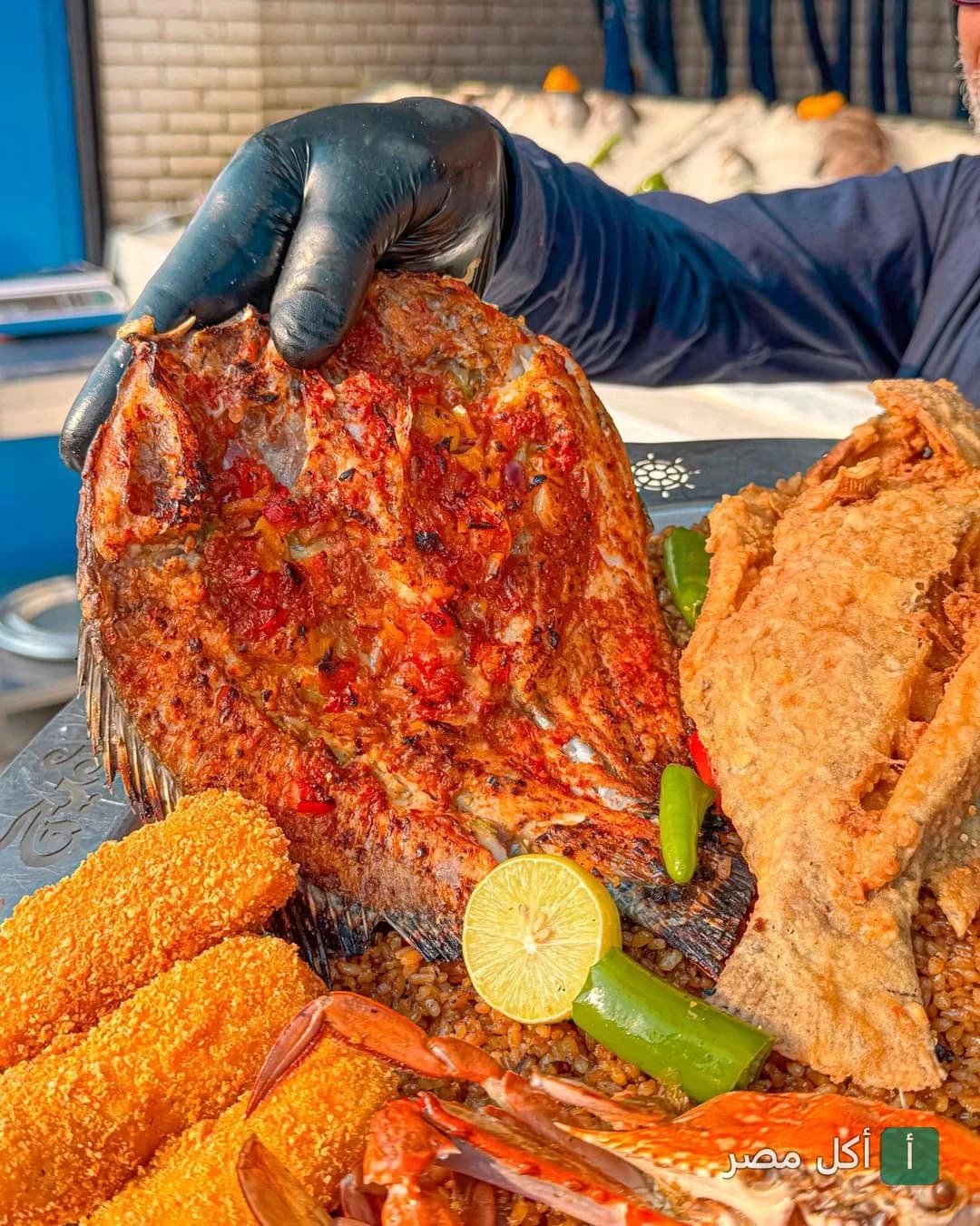 طبق مأكولات بحرية مشكلة من مطعم بهيج، يضم سمك مشوي ومقلي مع أرز الصيادية في الإسكندرية.