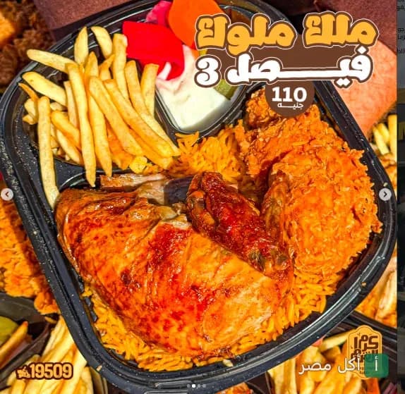 وجبة دجاج مشوي ومقلي مع أرز وبطاطس محمرة من مطعم كرم الشام