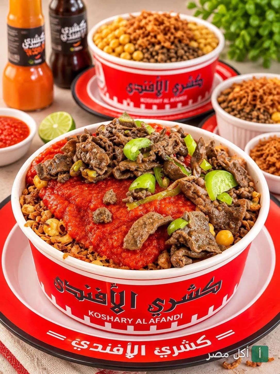طبق كشري الأفندي باللحمة في الدخيلة، يقدم في عبوة حمراء مميزة مع الصلصة والفلفل الأخضر.