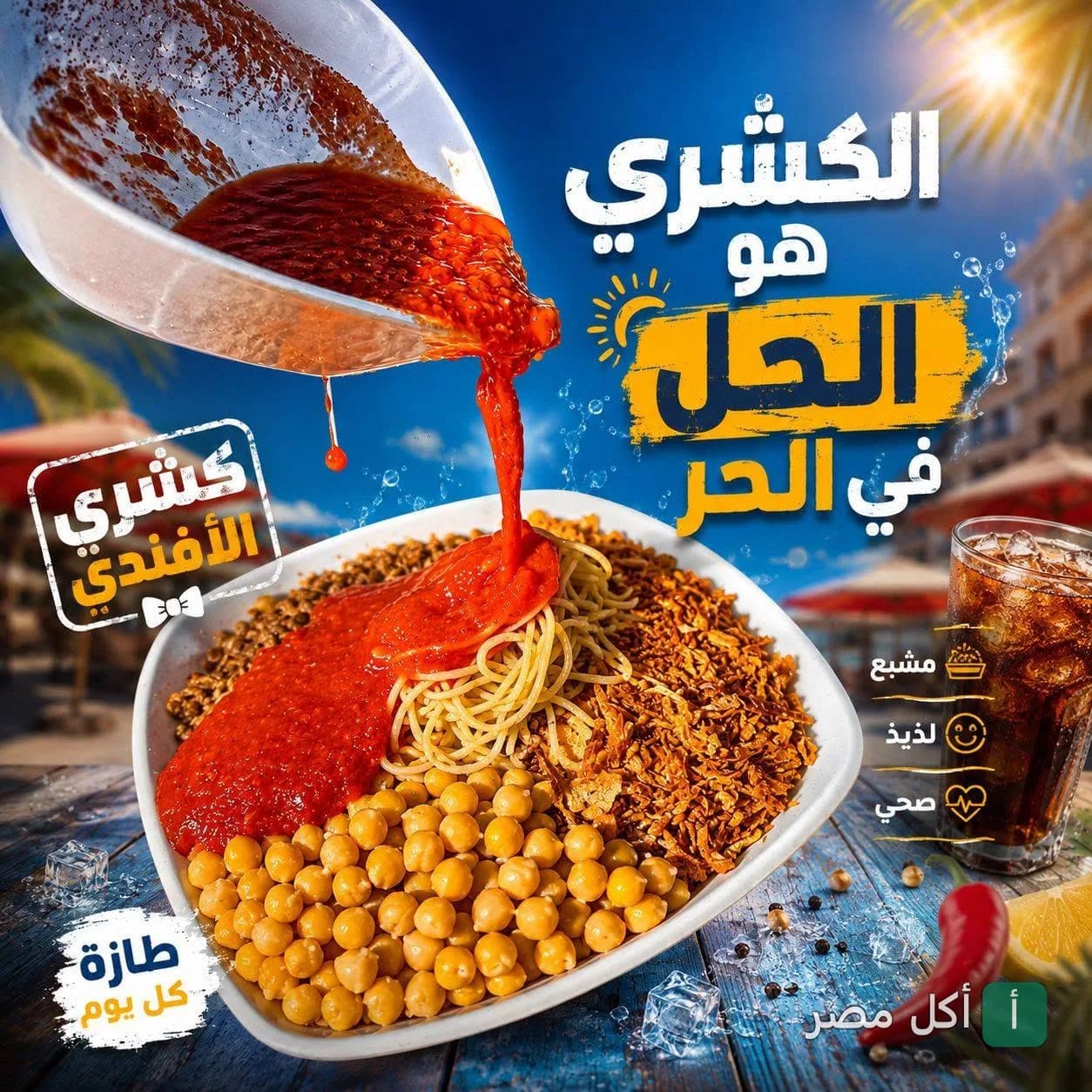 طبق كشري طازج من مطعم كشري الأفندي بالبيطاش مع صوص الطماطم الساخن ومشروب بارد.