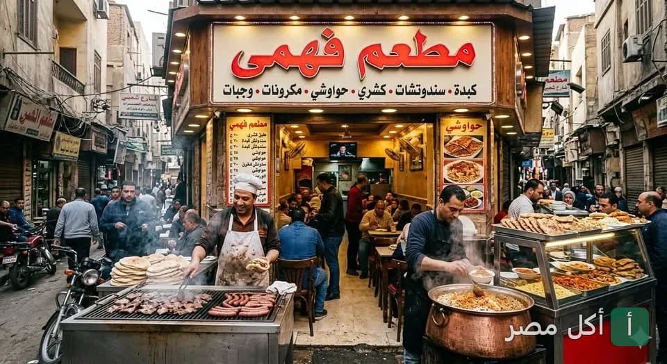 واجهة مطعم فهمي في منطقة بيانكي بالدخيلة، يظهر الطهاة وهم يجهزون المشويات والكشري أمام المطعم.