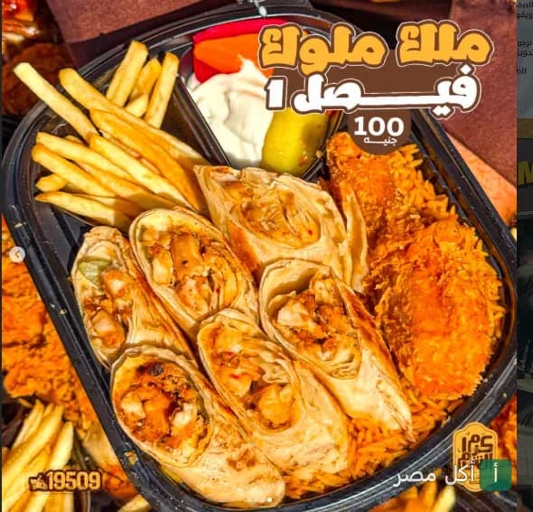 وجبة سريعة من مطعم فهمي في بيانكي بالدخيلة، تحتوي على شاورما دجاج، أرز، بطاطس مقلية، وصوصات.