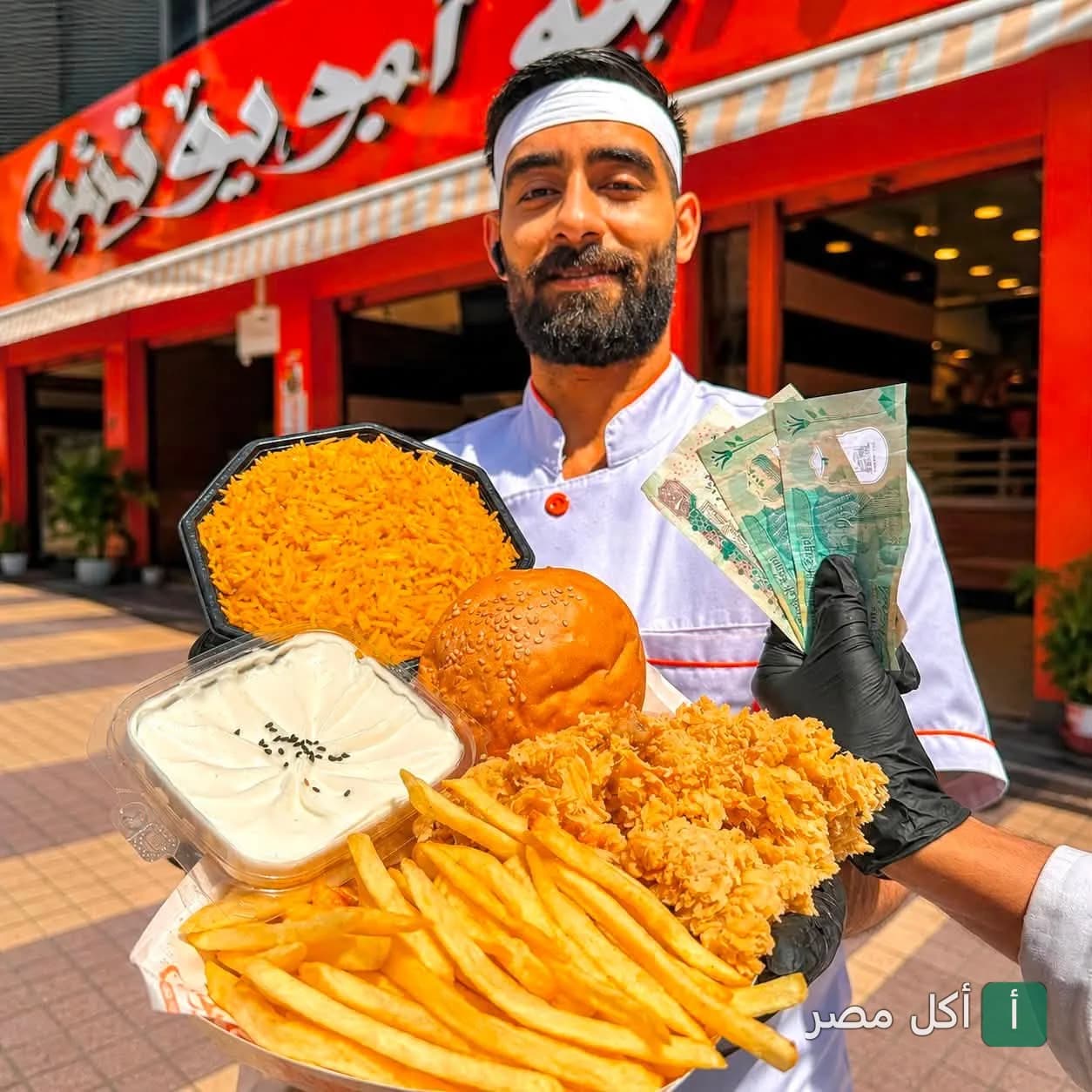 موظف مطعم أبو يونس بالبيطاش يقدم وجبة سريعة مكونة من دجاج مقلي وبطاطس وأرز أمام واجهة المطعم.