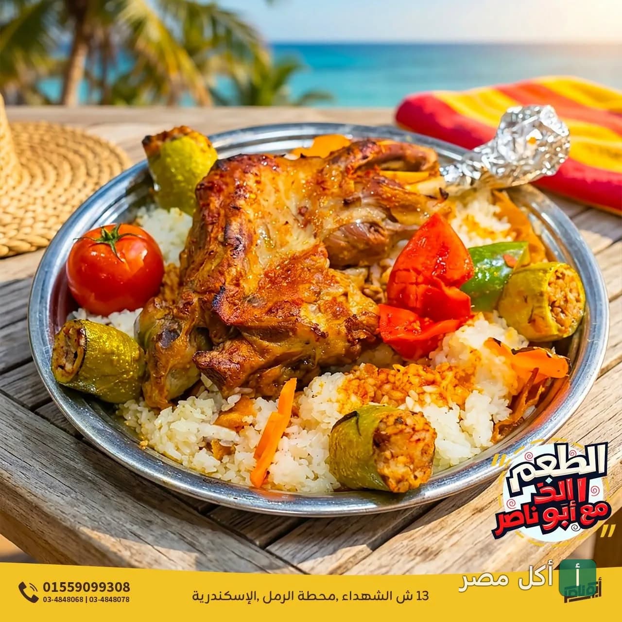 طبق أرز مع موزة ضاني ومحشي خضار من مطعم أبو ناصر في الرمل بالإسكندرية