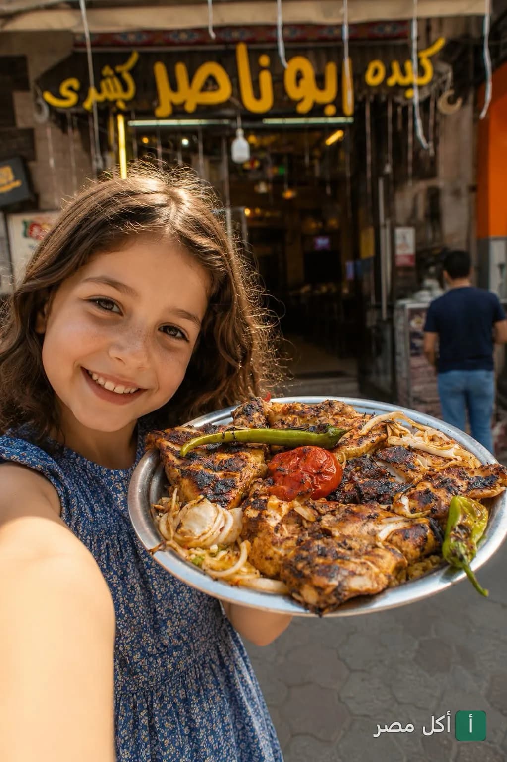 طفلة تبتسم وتمسك طبق مشاوي أمام واجهة مطعم أبو ناصر في العطارين بالإسكندرية.