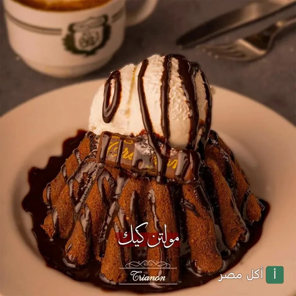 مولتن كيك مغطى بصوص الشوكولاتة وآيس كريم فانيليا في كافيه تريانون بالإسكندرية.