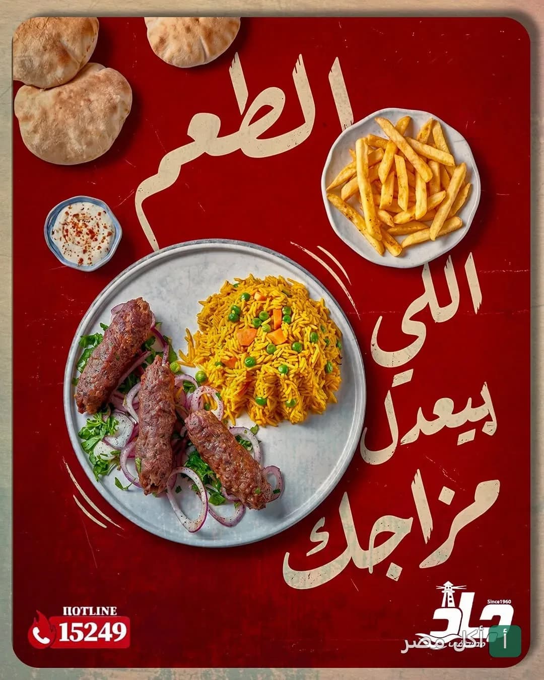 طبق مشويات من مطعم مصطفى جاد بالرمل، يحتوي على كفتة وأرز بالخضار مع بطاطس مقلية وخبز.