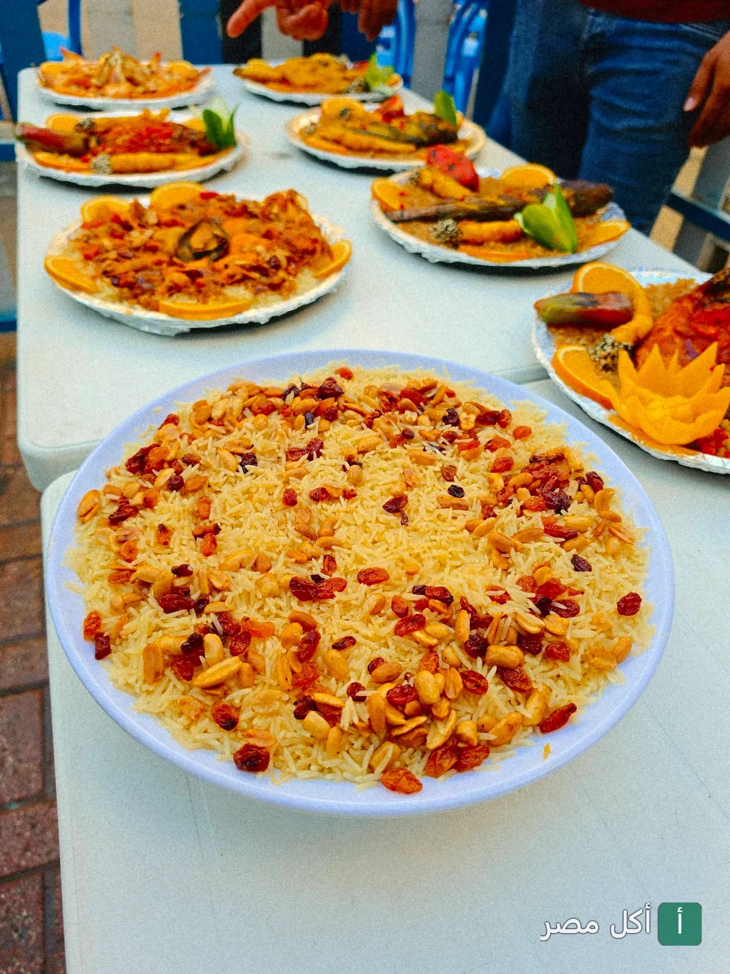 أطباق أرز بالمكسرات والزبيب بجانب أطباق مأكولات بحرية متنوعة في مطعم أسماك الزفر بالعامرية.