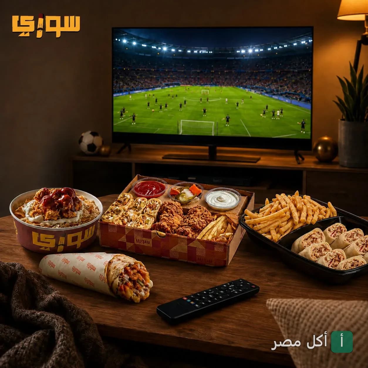 وجبات سريعة متنوعة من مطعم السوري في سموحة، تشمل شاورما وقطع دجاج مقرمشة وبطاطس أمام شاشة تعرض مباراة كرة قدم.