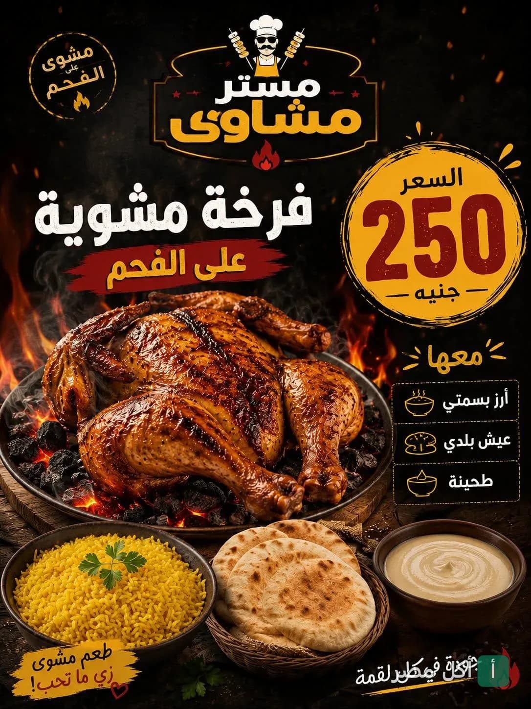 عرض فرخة مشوية على الفحم مع أرز بسمتي وعيش بلدي وطحينة من مطعم مستر مشاوي في بور فؤاد.