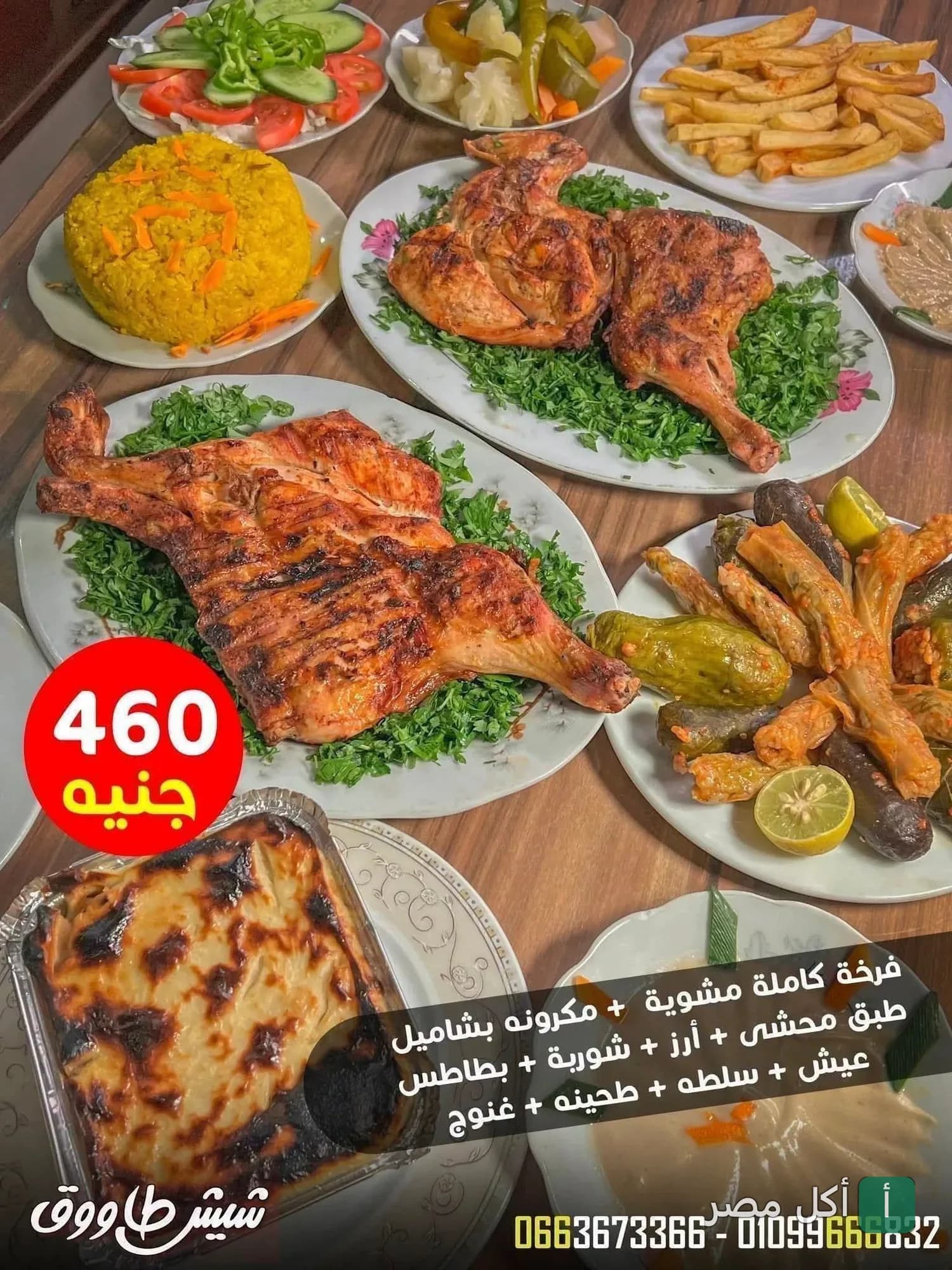 سفرة مشويات متنوعة من مطعم شيش طاووق في الزهور تشمل دجاج مشوي ومحاشي ومكرونة بالبشاميل وأطباق جانبية.