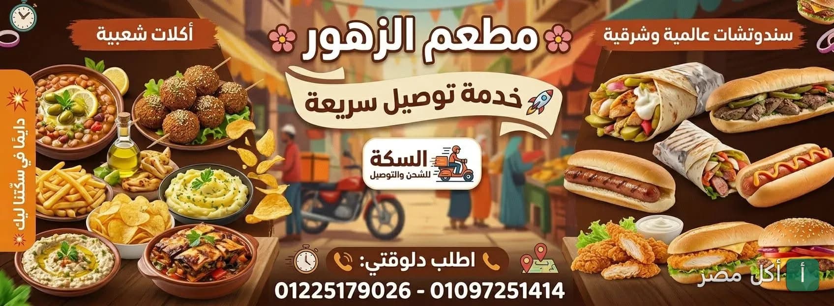 غلاف مطعم فول وفلافل الزهور يعرض تشكيلة أطباق شعبية وسندوتشات متنوعة مع إعلان خدمة التوصيل.