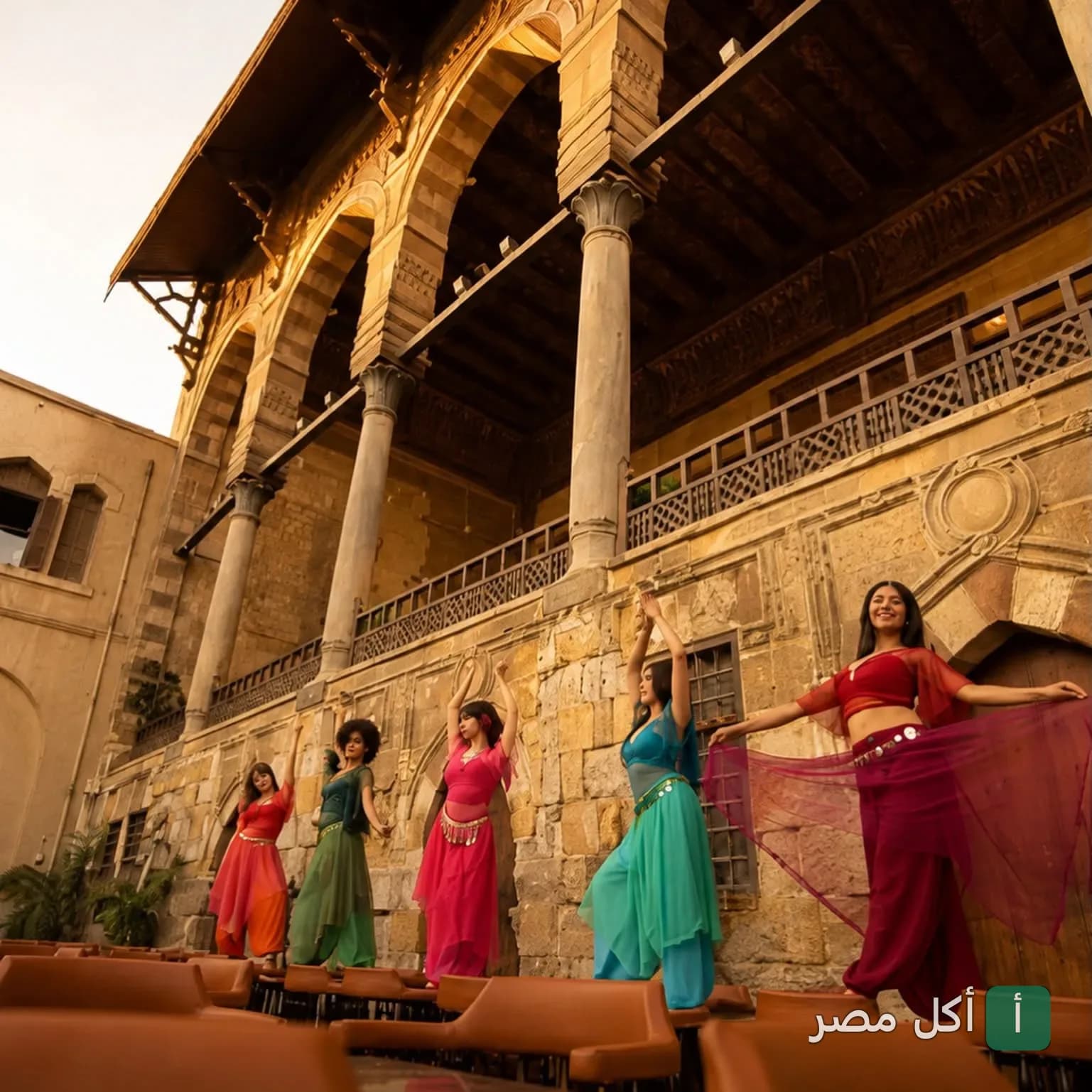 راقصات بملابس ملونة أمام العمارة التاريخية في مطعم ماماي بشارع المعز.