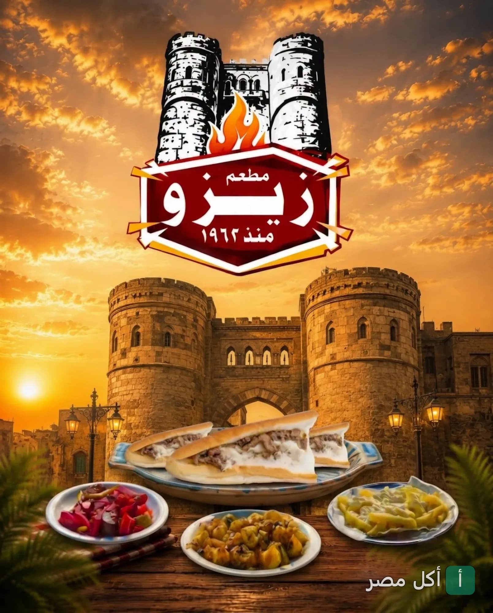 شعار مطعم زيزو الجمالية مع أطباق سندوتشات ومقبلات أمام بوابة تاريخية وقت الغروب.