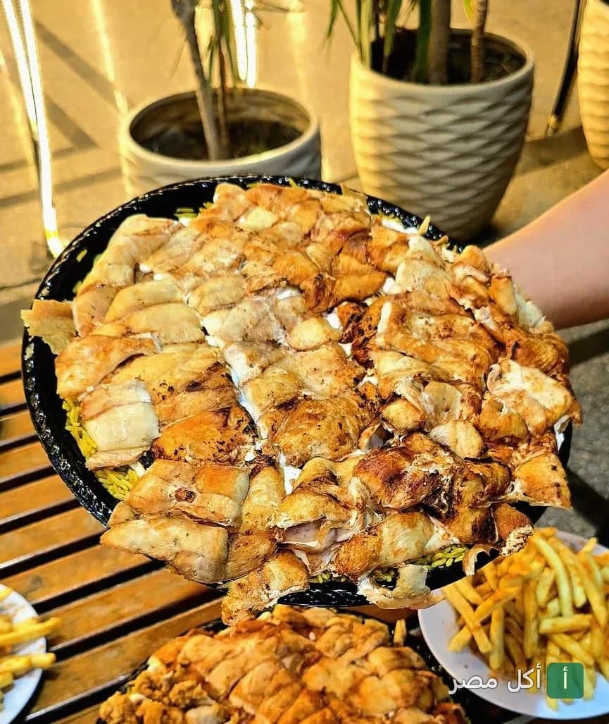 طبق شاورما دجاج مشوي على أرز أصفر في مطعم شيخ الحارة بالجمالية.