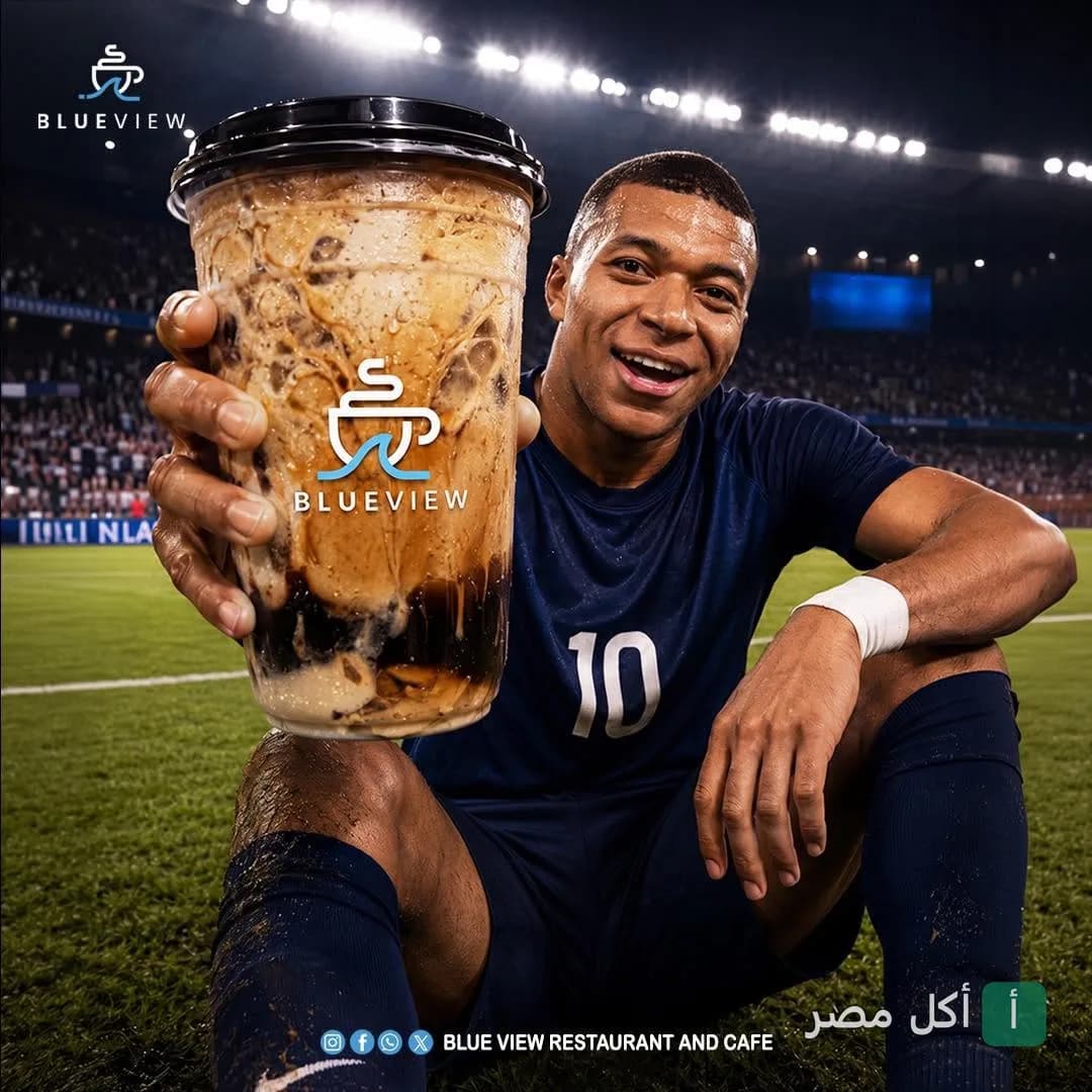 لاعب كرة قدم يمسك كوب قهوة مثلجة من مطعم وكافيه بلو فيو في سيدي جابر بالإسكندرية.