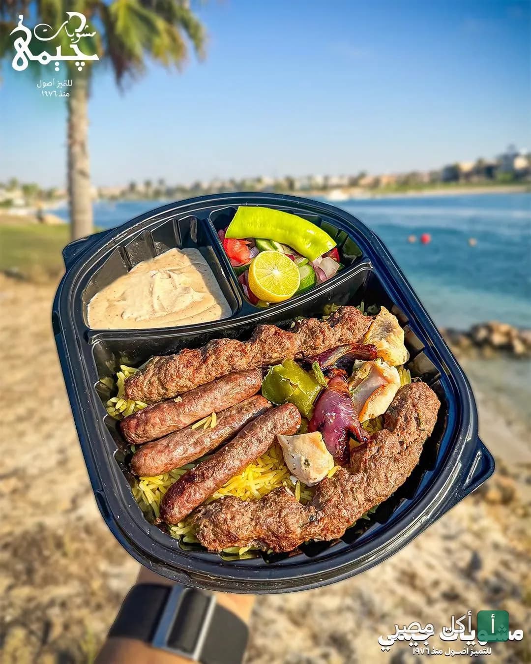 وجبة مشويات متنوعة من مطعم جيمي كليوباترا في سيدي جابر، تضم كفتة وأرز وسلطة وطحينة.