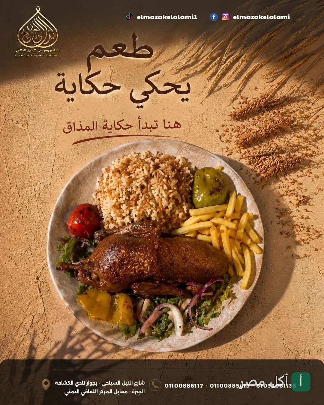 طبق بط محمر مع أرز بالشعيرية وبطاطس مقلية في مطعم المذاق العالمي بشارع النيل السياحي بالجيزة.