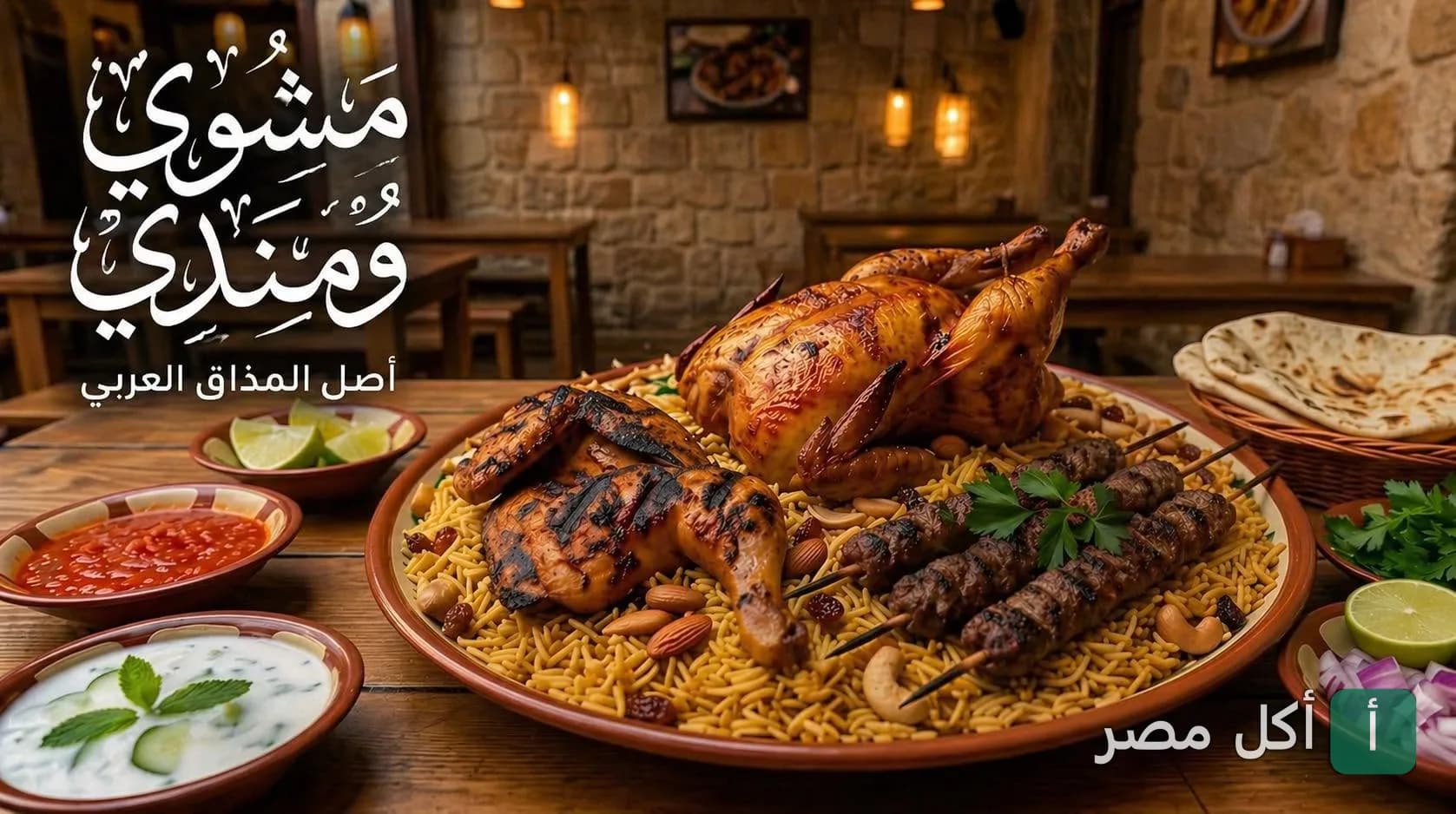طبق مندي ومشاوي مشكل مع دجاج وكفتة على أرز في مطعم مشوي و مندي بجزيرة الدهب في الجيزة.
