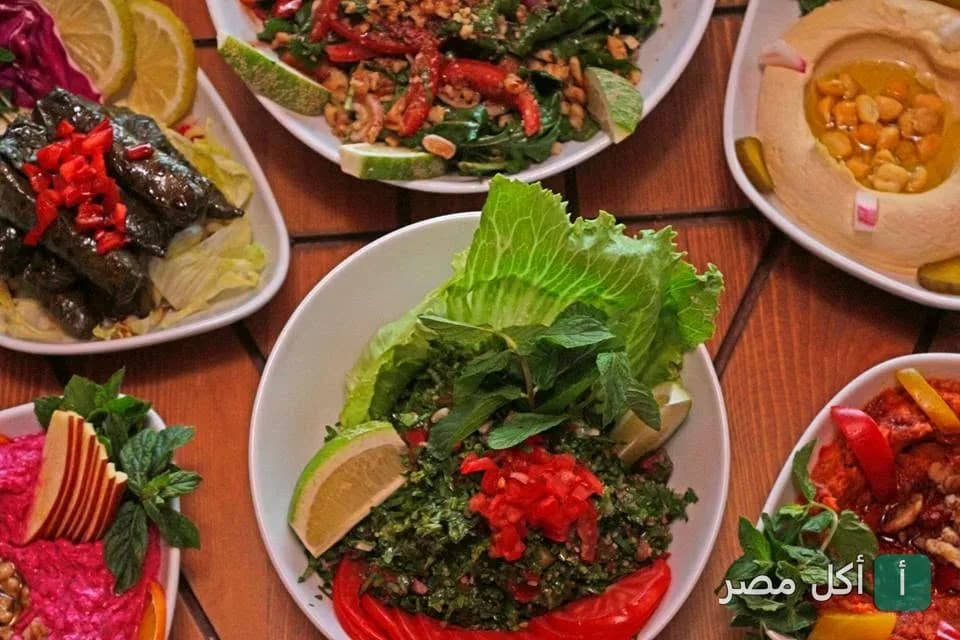 تشكيلة من المقبلات اللبنانية المتنوعة مثل التبولة والحمص وورق العنب في مطعم هايدا بالجيزة.
