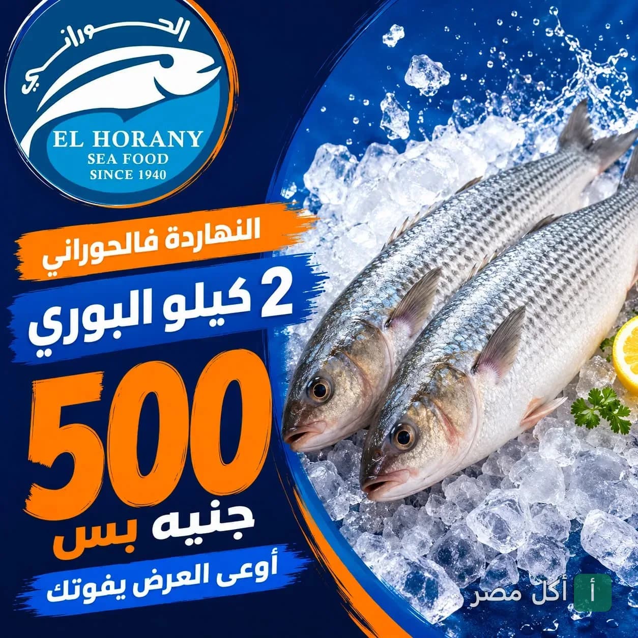 عرض مطعم أسماك الحوراني في الجيزة على سمك البوري الطازج على الثلج.