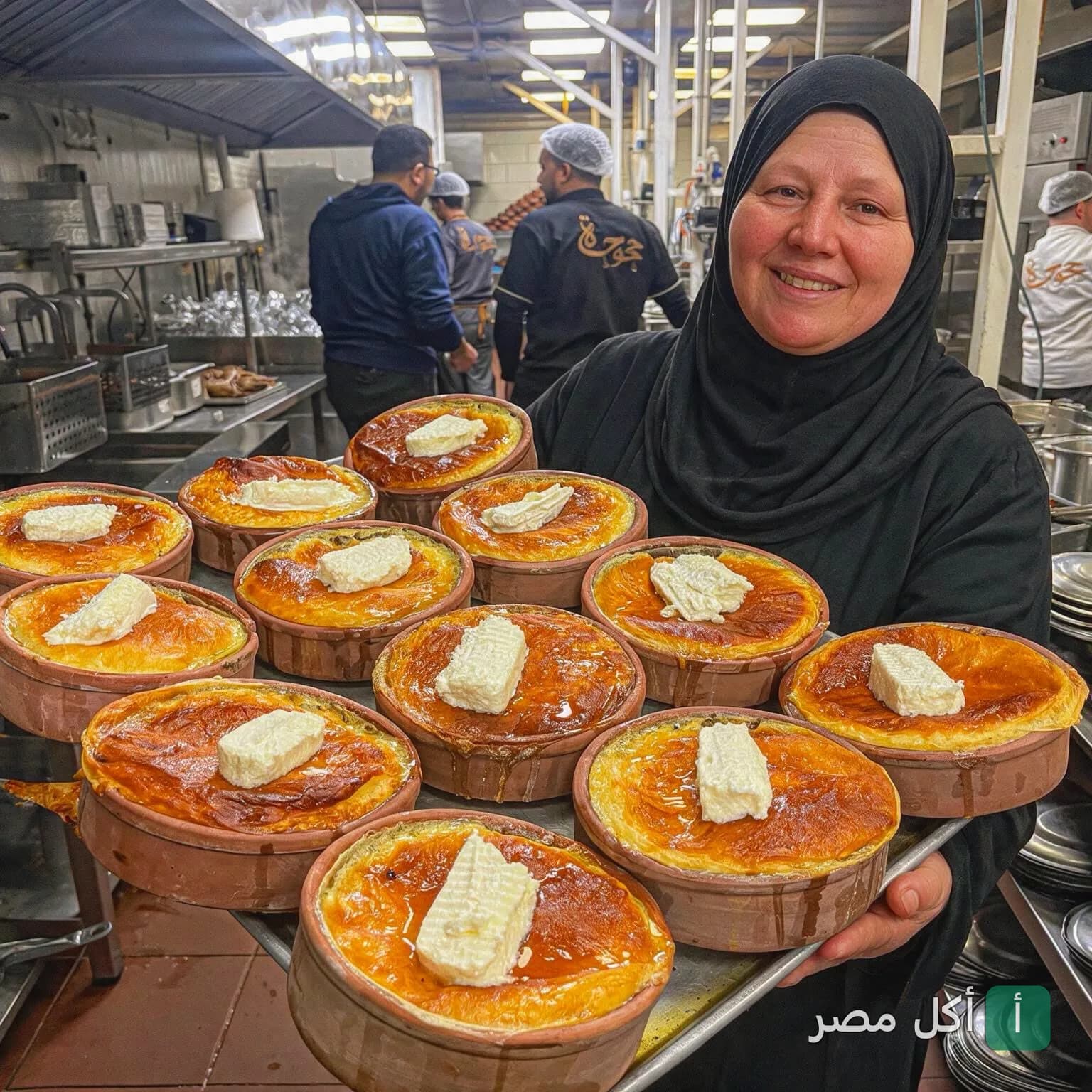 سيدة ترتدي حجاباً تحمل صينية بها طواجن أرز معمر في مطبخ مطعم حجوجة بالإسكندرية.