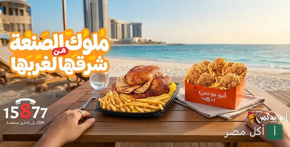 وجبات دجاج مشوي ومقلي من مطعم أبو يونس السوري على طاولة أمام شاطئ البحر.