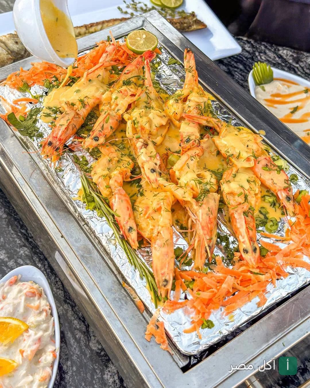 طبق جمبري مشوي بصوص الكريمة والأعشاب في مطعم أسماك المرشدي بالعلمين، الساحل الشمالي.