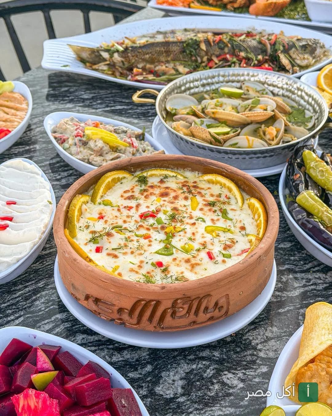 سفرة متنوعة من المأكولات البحرية في مطعم أسماك المرشدي بالعلمين، تشمل طاجن سمك بالكريمة ومقبلات.